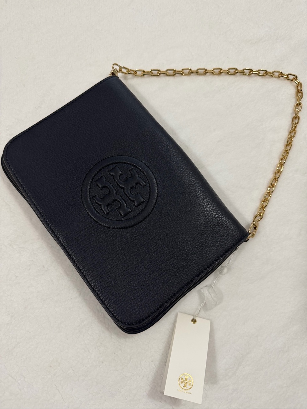 Tory Burch Navy Pebbled Leather Shoulder Bag with Gold Chain
